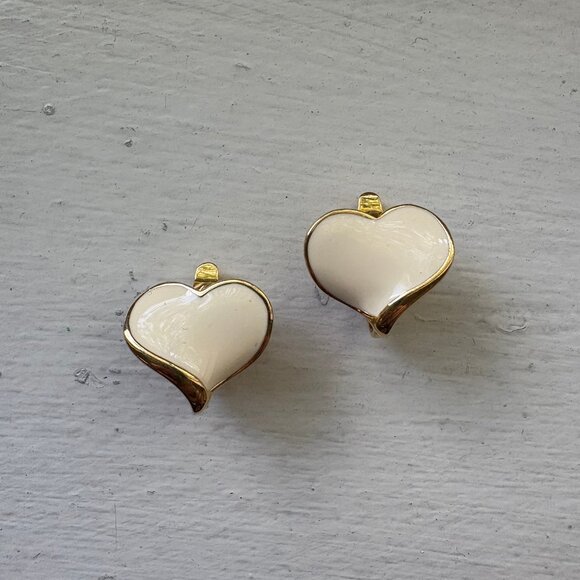 Jewelry - Cream Enamel Goldtone Heart Clip-On Earrings